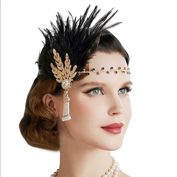 🪶✨ Art Deco 1920's Flapper Great Gatsby Pearl Black Feather Leaf Headband - Picture 2 of 5